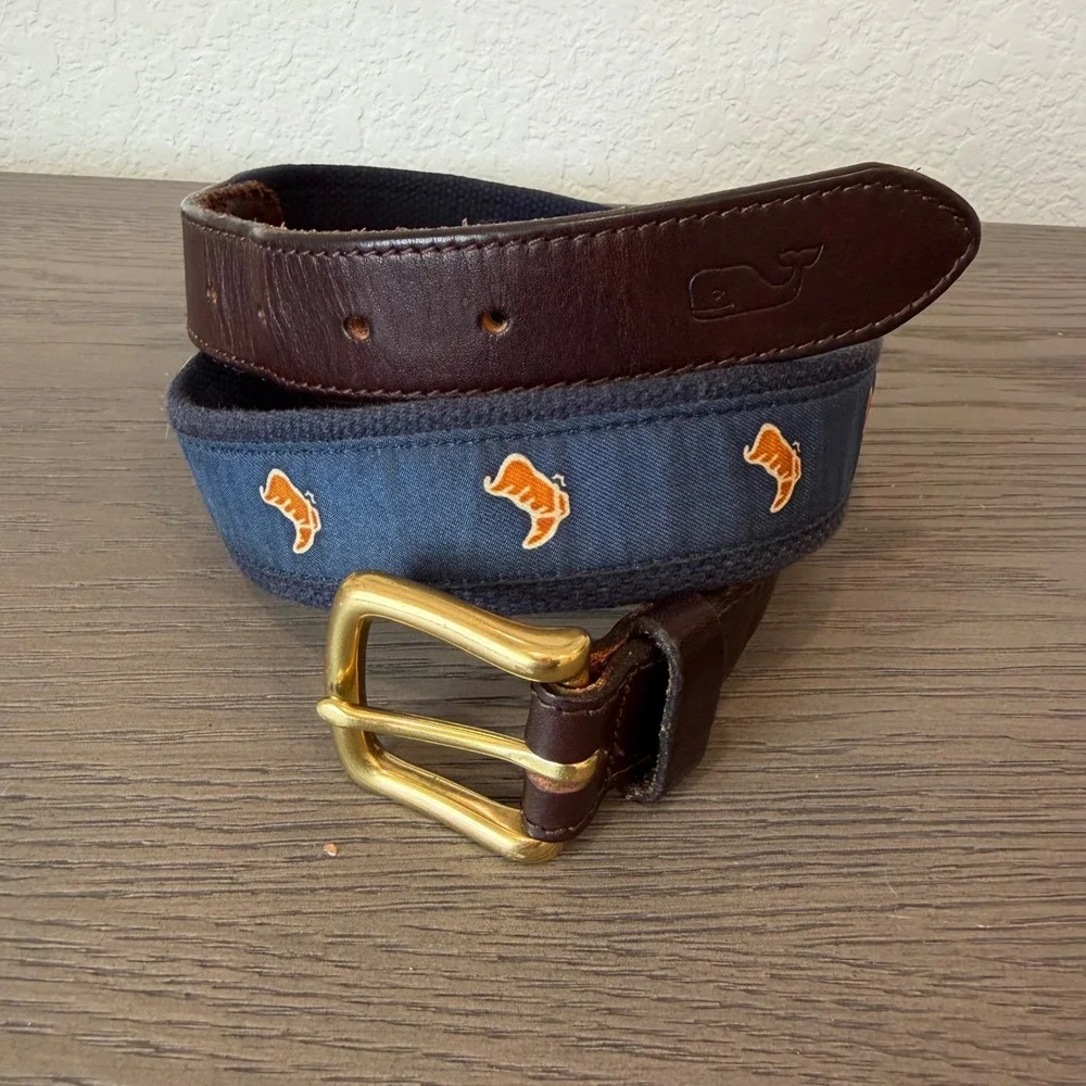 Vineyard‎ Vines Mens Navy Blue Cowboy Boot Embroidered Canvas Leather Belt Sz 34